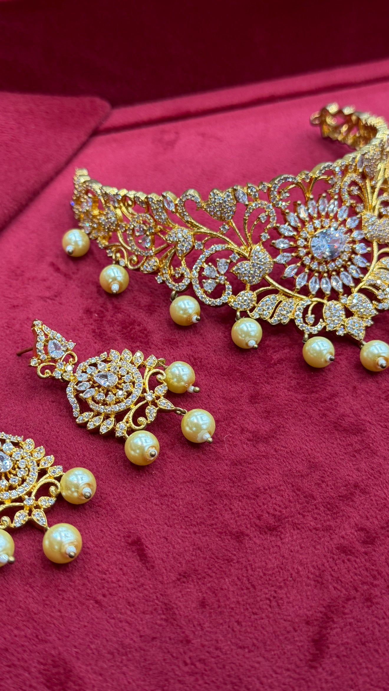 italian collar set with real zircon and pearls