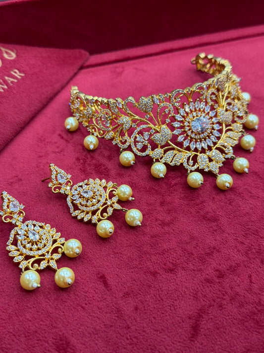 italian collar set with real zircon and pearls